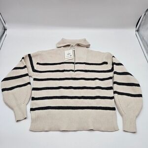FREE ASSEMBLY Cream Heather Stripe Half Zip Sweater Ribbed Knit Relaxed Fit XS